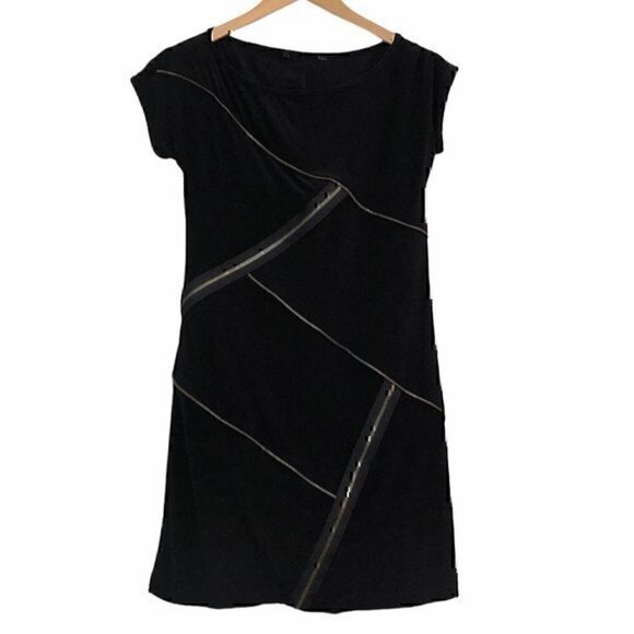 Solid Black Asymmetrical Zip Zipper Polyester Cap Sleeve Tunic or Mini Dress ? - Picture 1 of 3